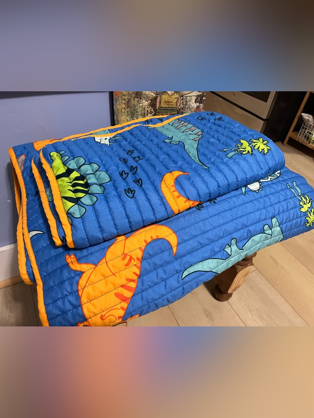 Kids Blue Dinosaur Quilted Bedding Throw - Orange Accents